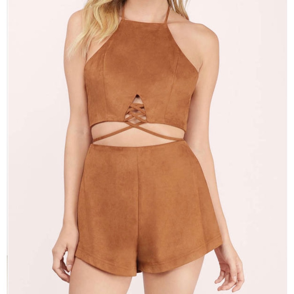 AS ONE FAUX SUEDE ROMPER IN CAMEL